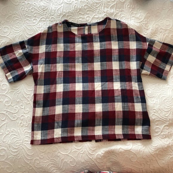 NWOT ZARA Crop Wide Cut Buffalo Plaid Linen Top XS - Picture 5 of 5
